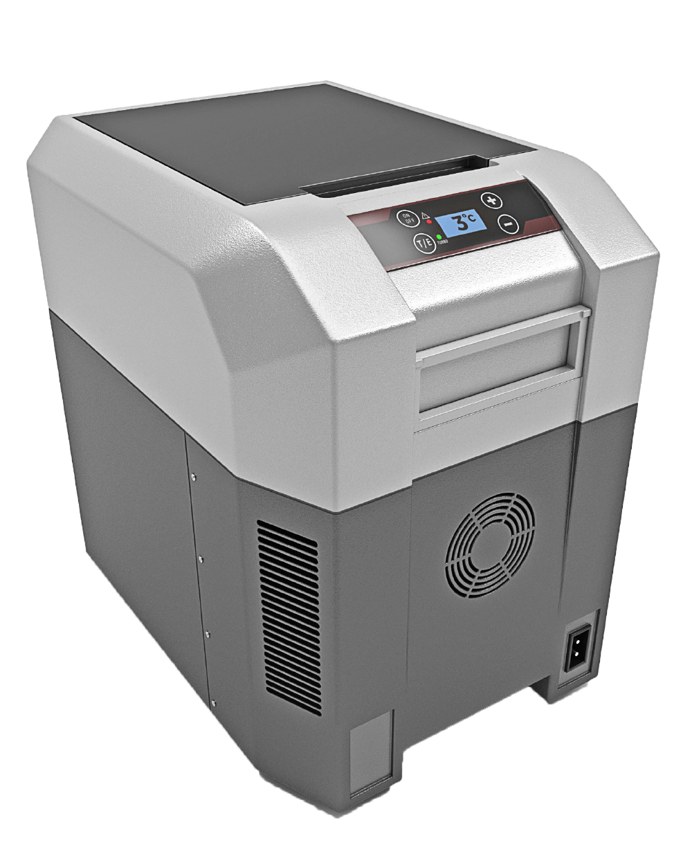 A portable compressor fridge freezer with a digital LED screen, primarily white with gray accents.