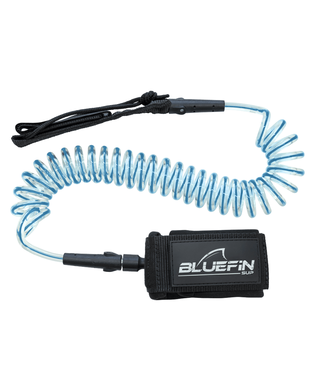 A coiled ankle leash designed for paddleboarding, with a padded neoprene-wrapped cuff and a Velcro fastening, predominantly in blue and black colors with the 'Bluefin' logo visible.