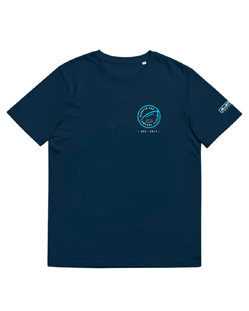 A navy blue t-shirt with a graphic print in the top right with logo on the arm