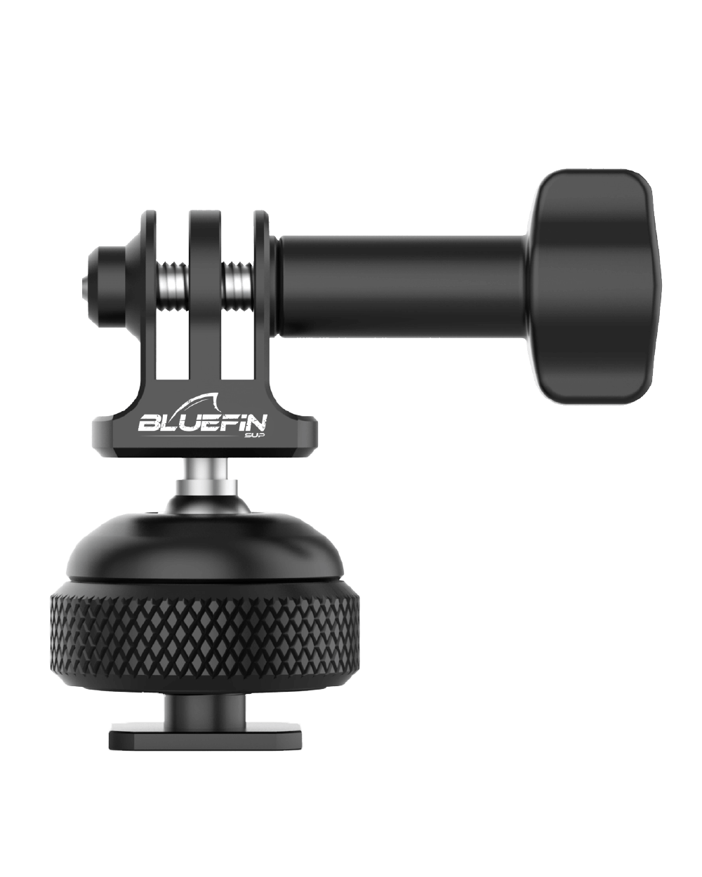 A black Bluefin action camera mount made of aluminum alloy with a 360-degree rotation ball head design.