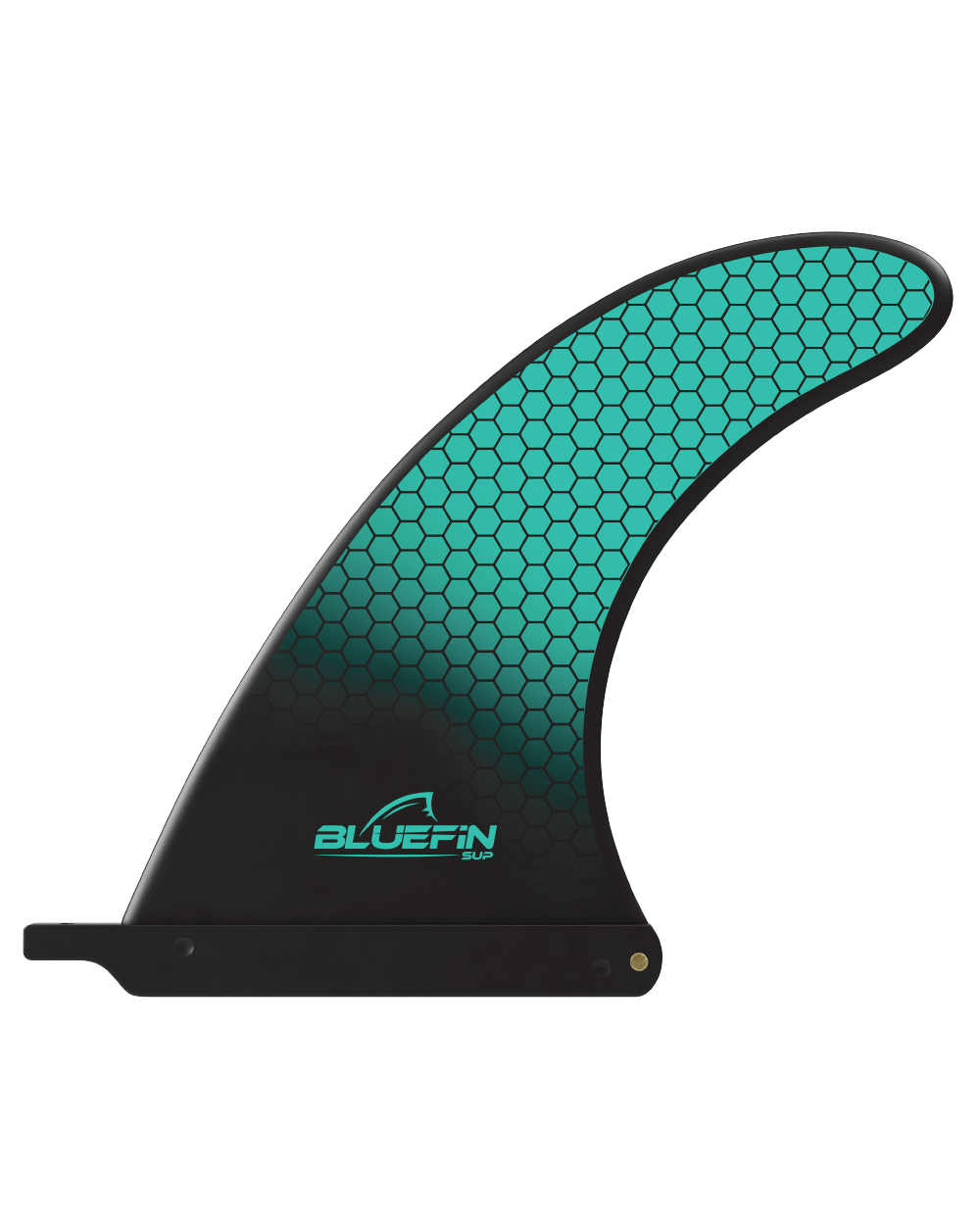 A black and turquoise paddleboard fin with a hexagonal pattern, featuring the Bluefin brand logo.