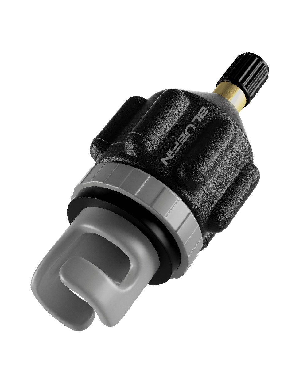 A black compressor adapter with a gray nozzle, designed for use with air compressors and pumps for inflation of SUP or kayak.