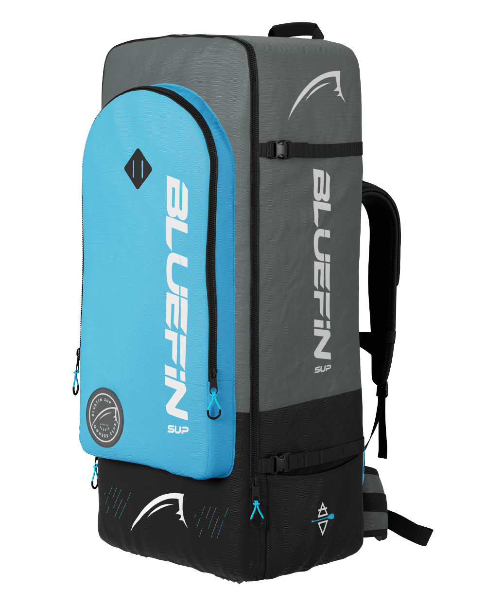 A travel-friendly Bluefin Cruise paddleboard backpack with rugged durability, designed for carrying paddleboard and equipment, featuring large storage space and organized compartments.