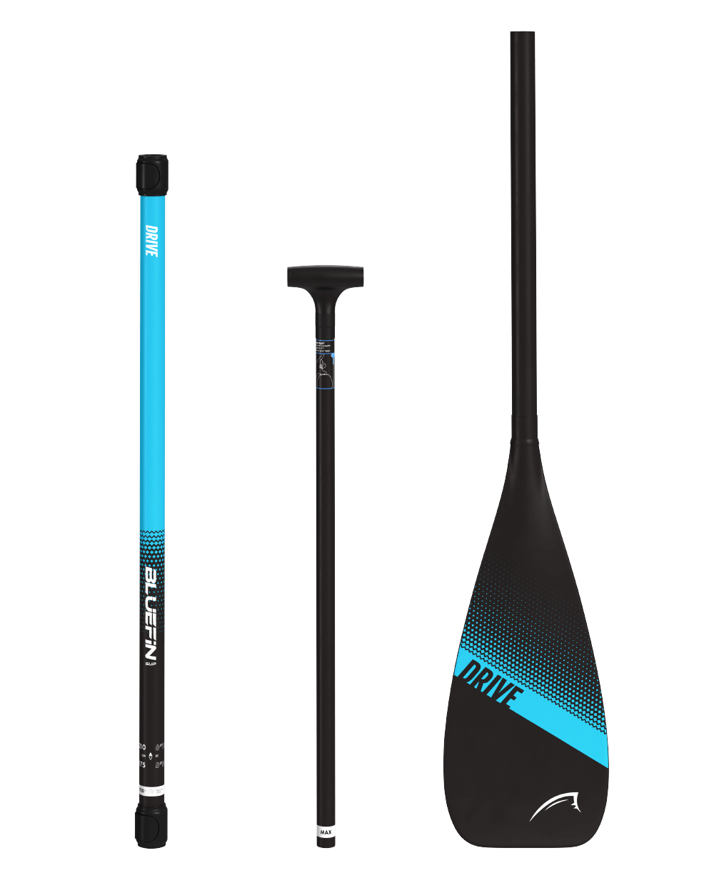A three-piece black, blue, and white paddle designed for stand up paddleboarding, with adjustable shaft