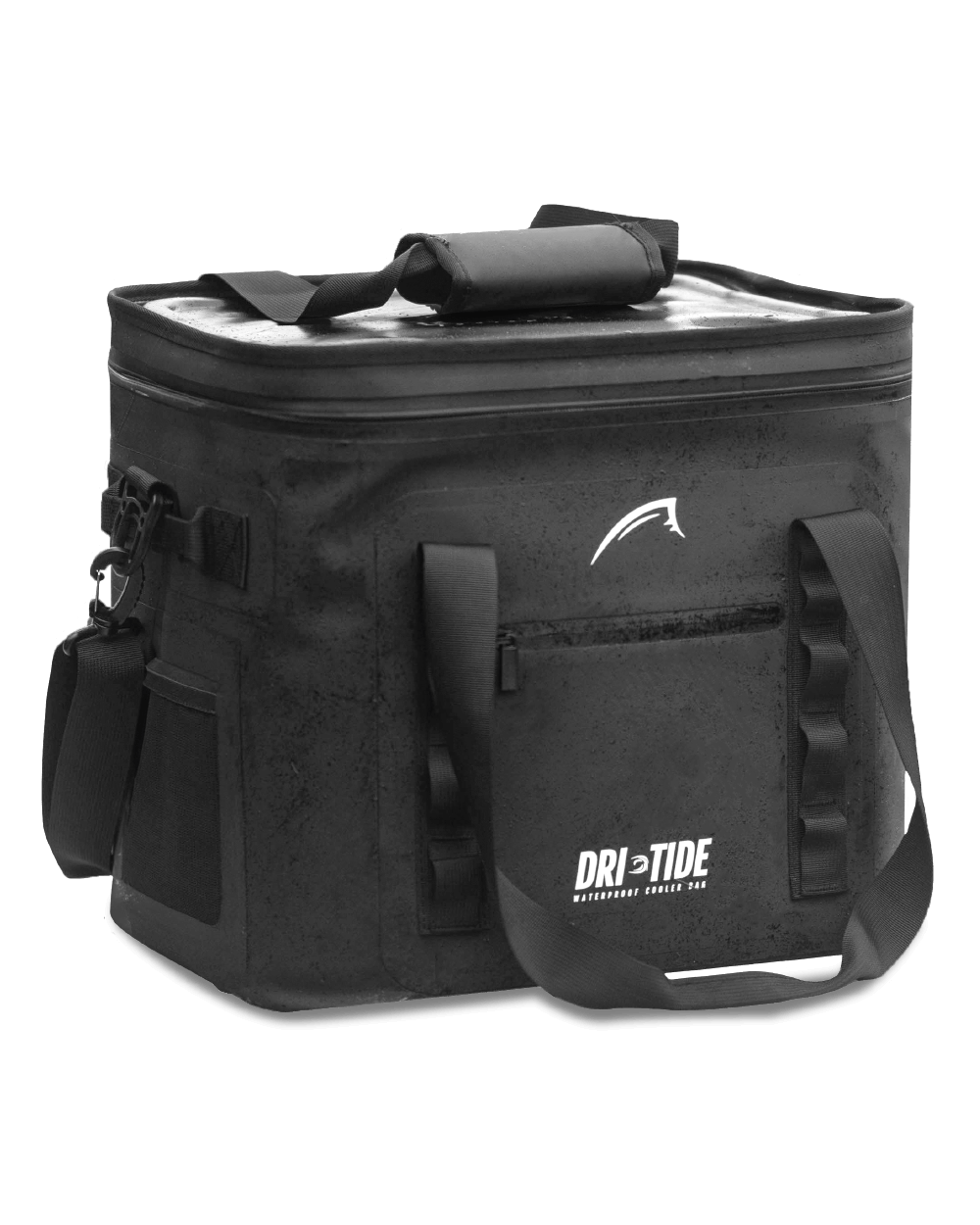 A black Dri-Tide cooler bag with a rigid lid, adjustable shoulder strap, and webbing handles.