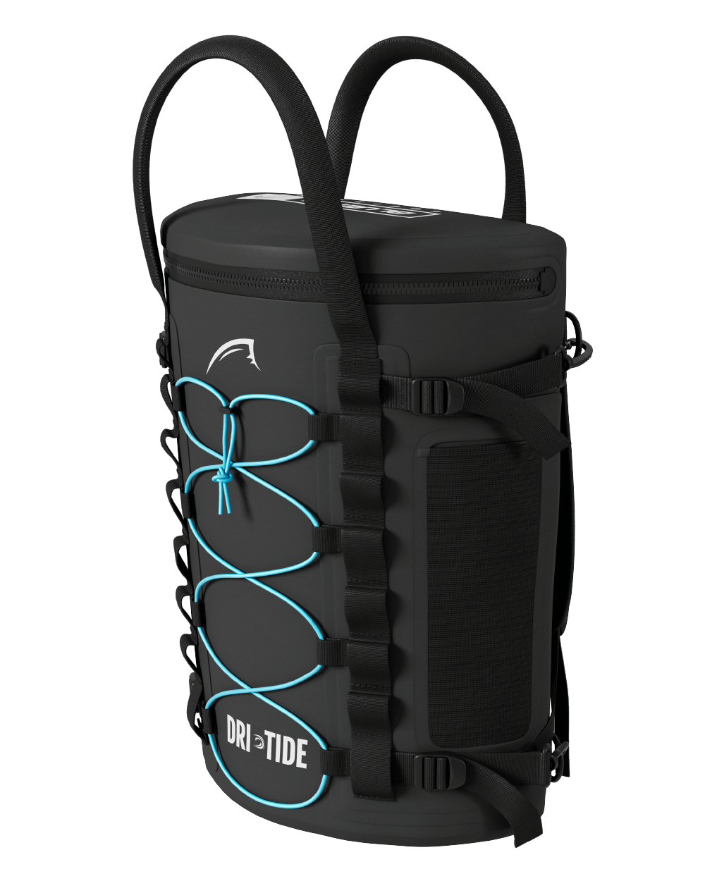 A black Dri-Tide deck bag with blue accents, featuring handles and a logo on the front, designed for water resistance and storage.