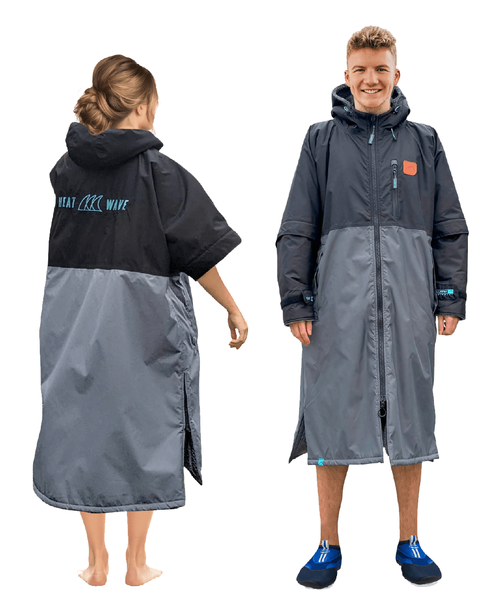 Two individuals, one female and one male, modeling Heatwave changing robes. The robes are primarily dark in color with a hood and zippered front, designed for outdoor activities.