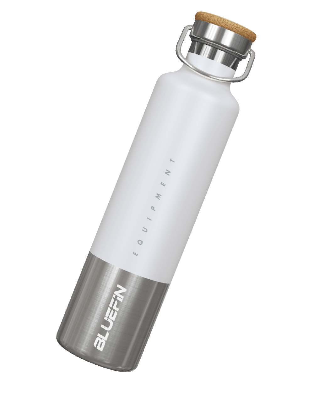 A stainless steel water bottle with a bamboo lid cover, featuring the Bluefin logo etched into the top. The bottle is white with a silver lower section.