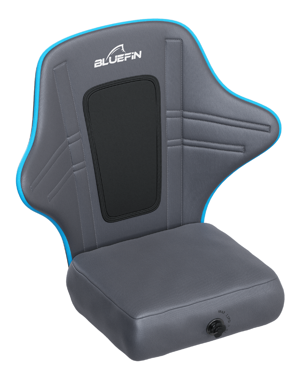 A premium inflatable kayak seat with gray padding and blue accents