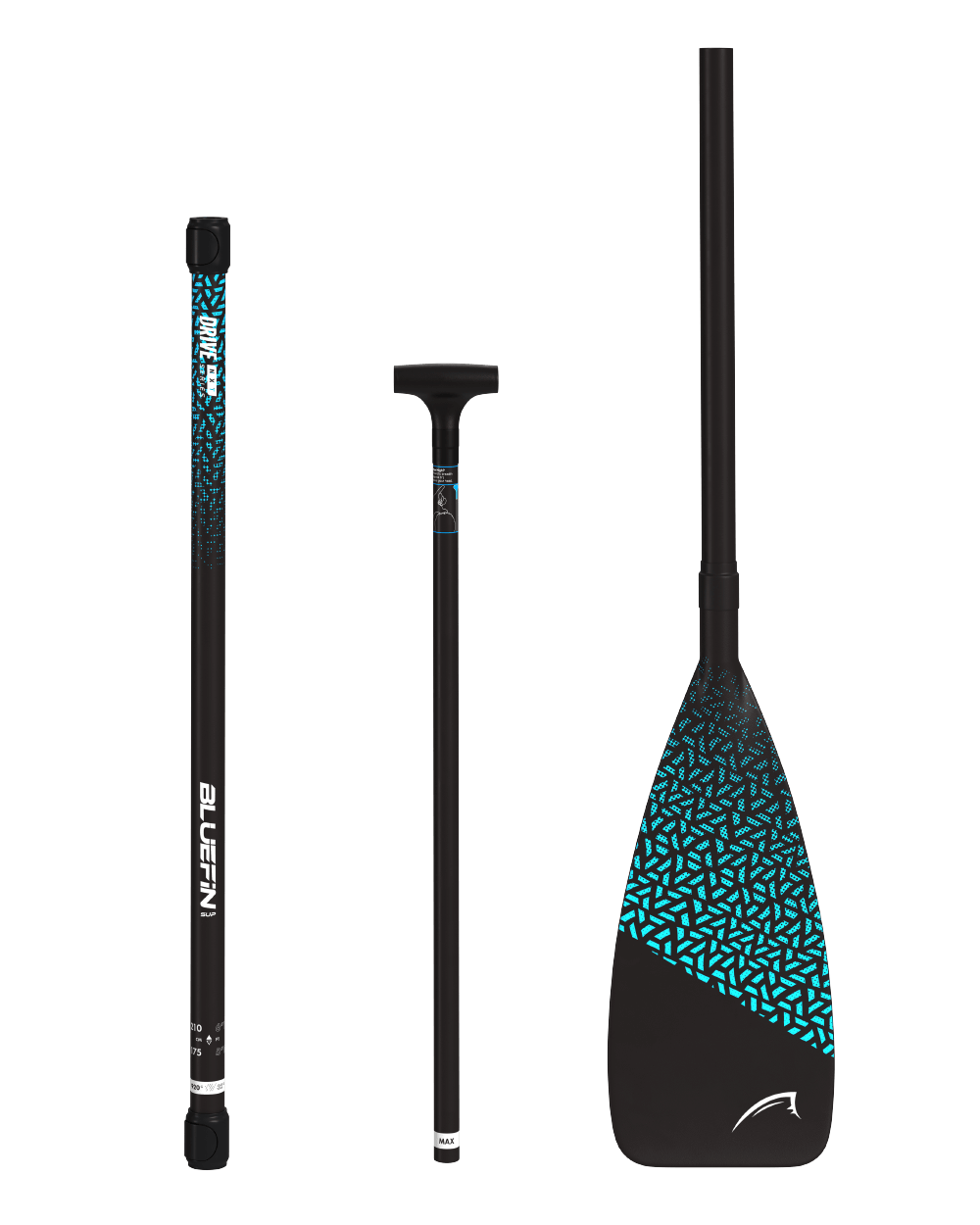 A three-piece black and blue paddle with blue dot pattern on the blade.