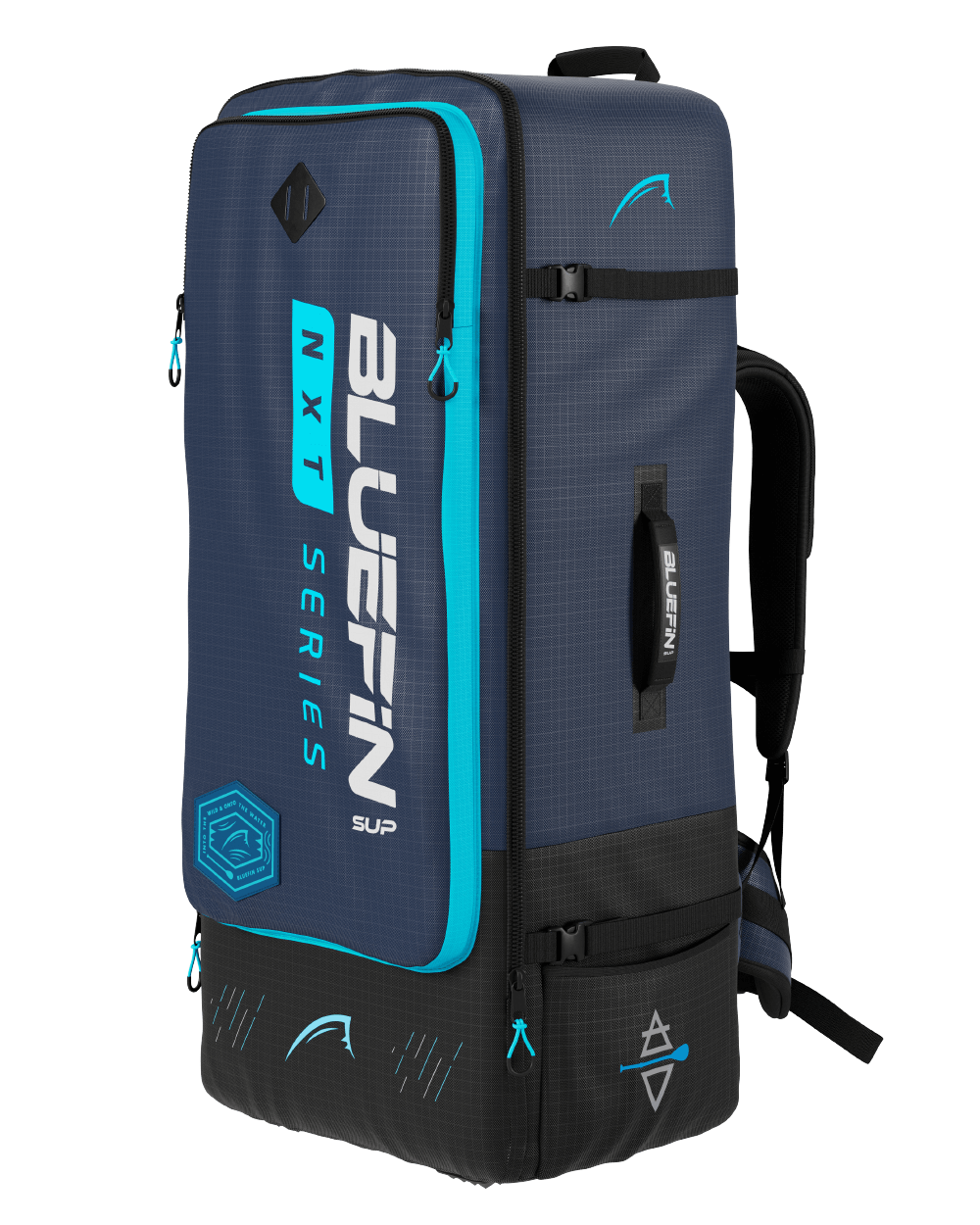 A blue and black NXT bluefin backpack designed for paddleboarding, with the logo visible on the side.