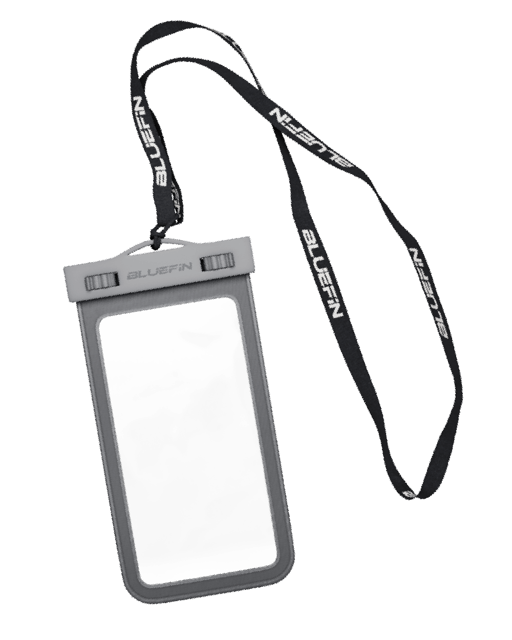 A waterproof phone case with a clear front, a black strap, and a gray body. The case is designed to fit smartphones and has a seal for water resistance.
