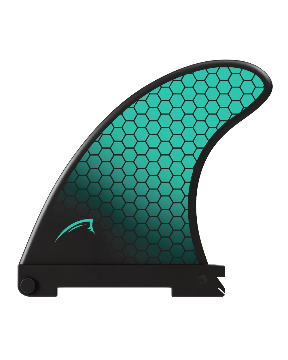 A black and turquoise honeycomb pattern paddleboard fin designed for use with a paddleboard.