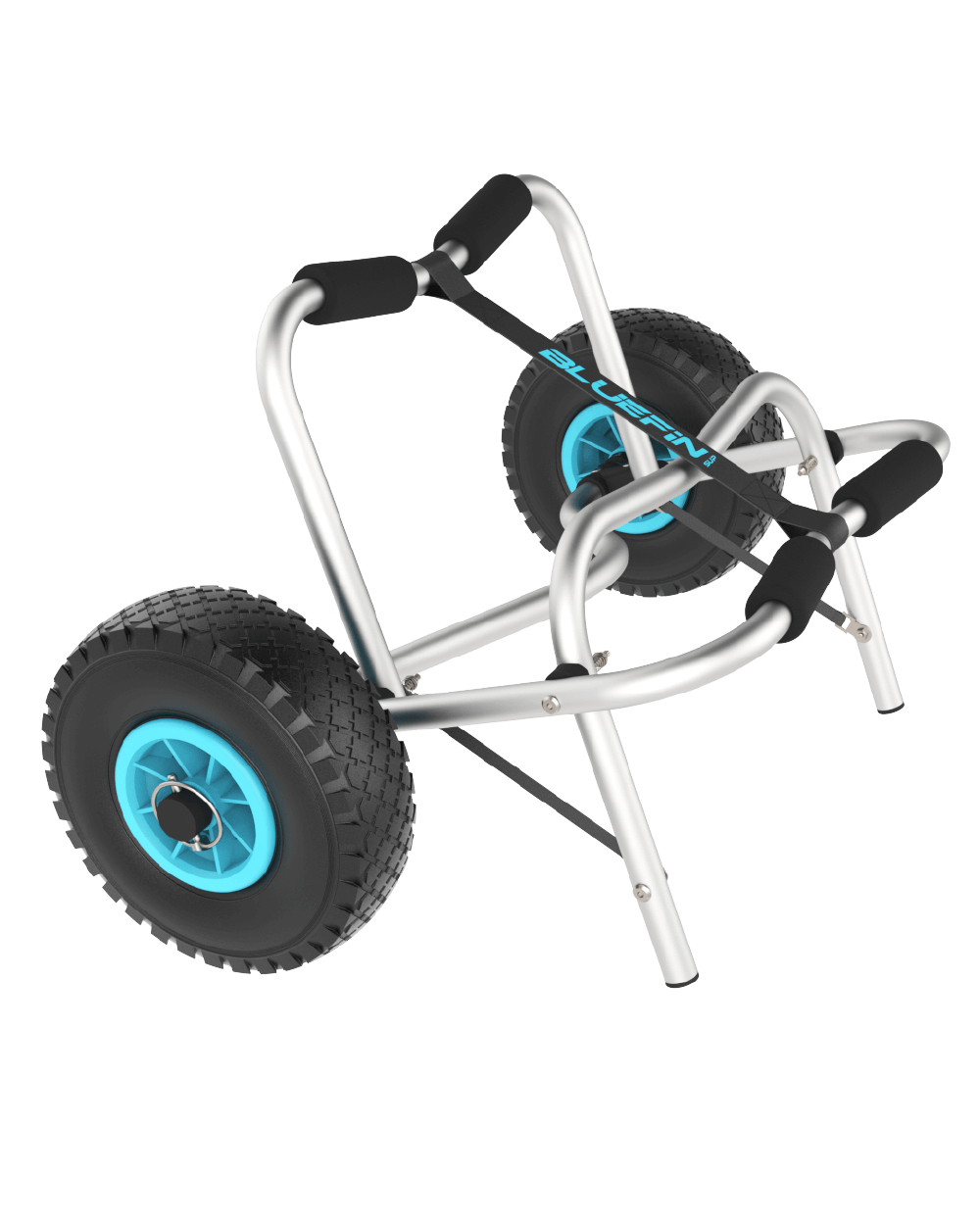 A lightweight trolley with inflatable multi-surface tyres, designed for transporting paddleboards or kayaks.