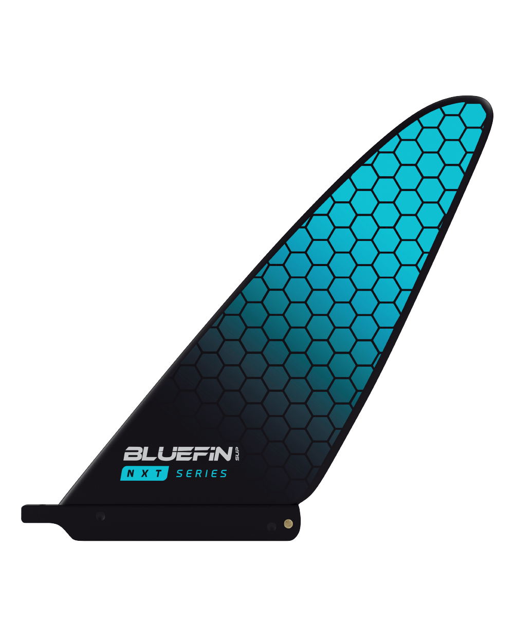 A black and blue NXT Racing Fin for paddleboarding, featuring a hexagonal design and the Bluefin logo.