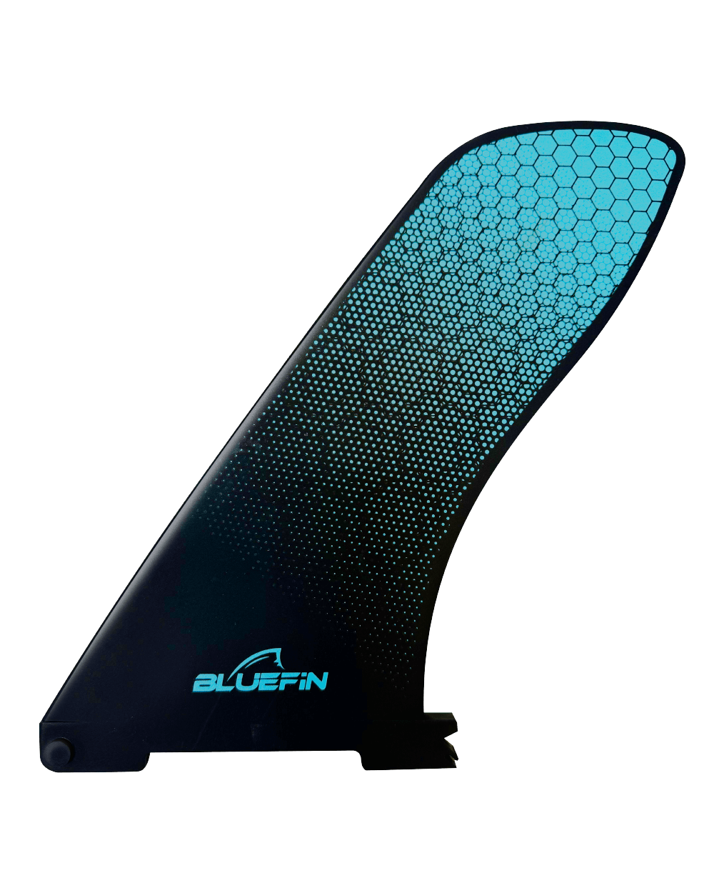 A black and blue asymmetrical paddleboard fin with the Bluefin logo on the top.