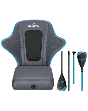 An image showcasing a Bluefin Kayak Conversion Kit, including an inflatable seat with black and blue accents and a lightweight paddle with black and blue elements.