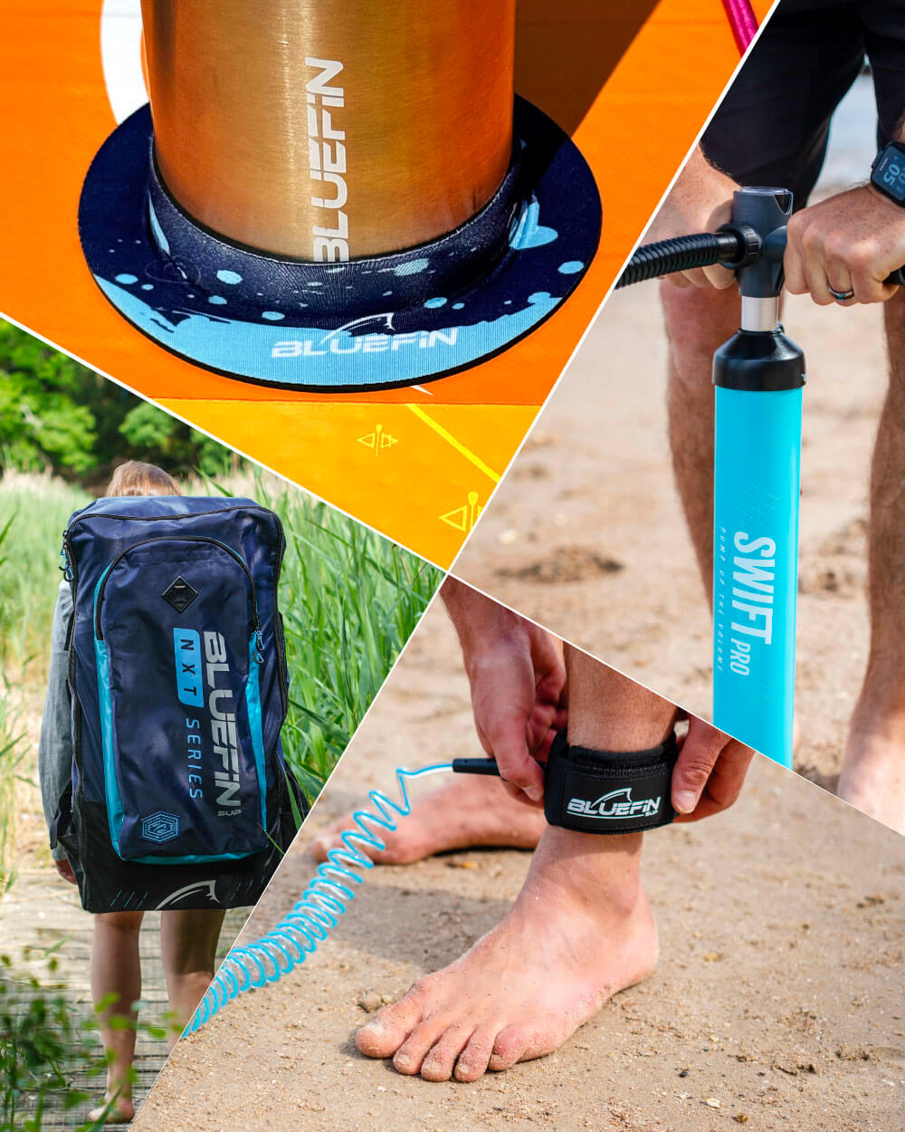 Bluefin inflatable paddle board with accessories on a beach setting