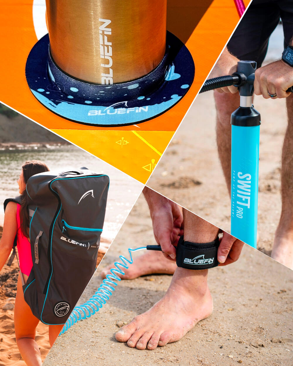 Collage of Bluefin inflatable sup products including a backpack, pump, and fins on a beach setting