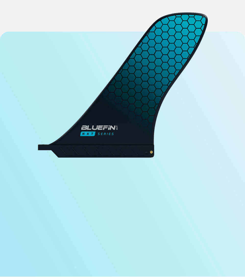 Bluefin NXT Series SUP fin with a hexagonal pattern on a light blue background.