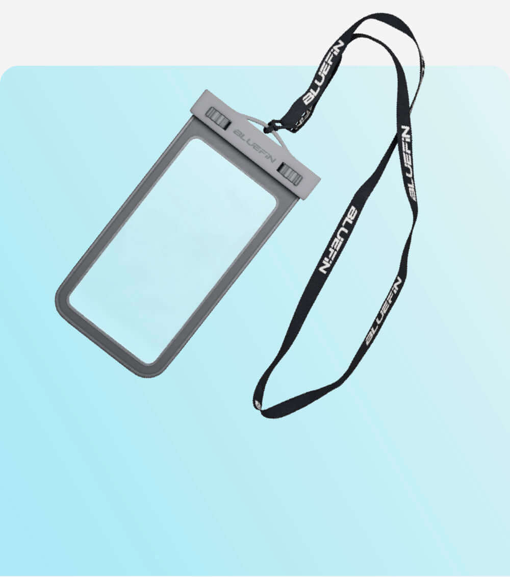 Waterproof phone pouch with lanyard on a gradient blue background. Ideal for outdoor activities.