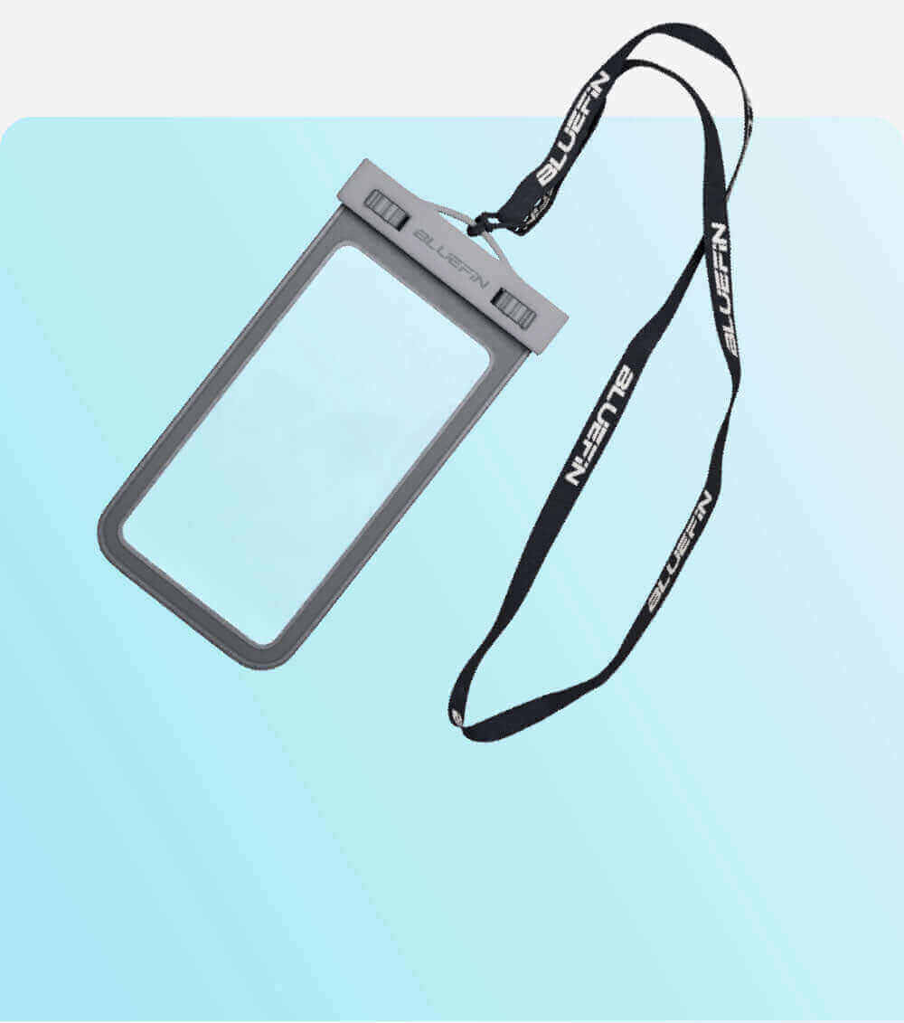 Waterproof phone pouch with lanyard on a gradient blue background. Ideal for outdoor activities.