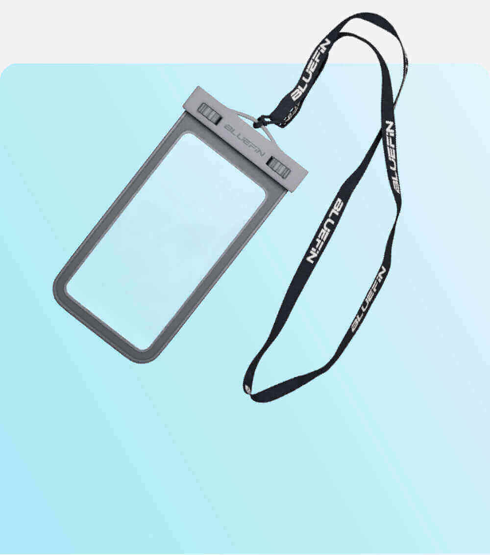 Waterproof phone pouch with lanyard on a gradient blue background. Ideal for outdoor activities.