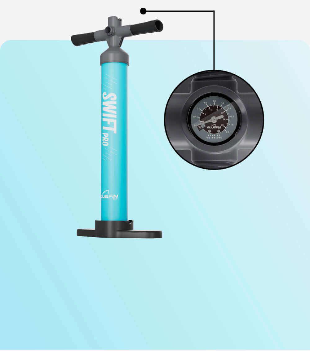 Bluefin SWIFT Pro pump with a pressure gauge, designed for efficient paddleboard inflation.