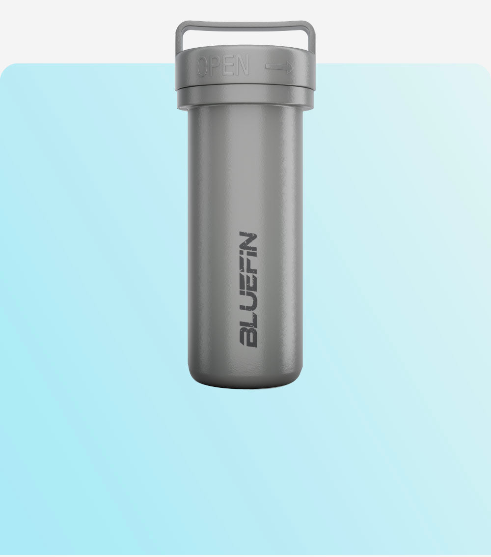 Gray waterproof container with "BLUEFIN" branding, set against a light blue background.