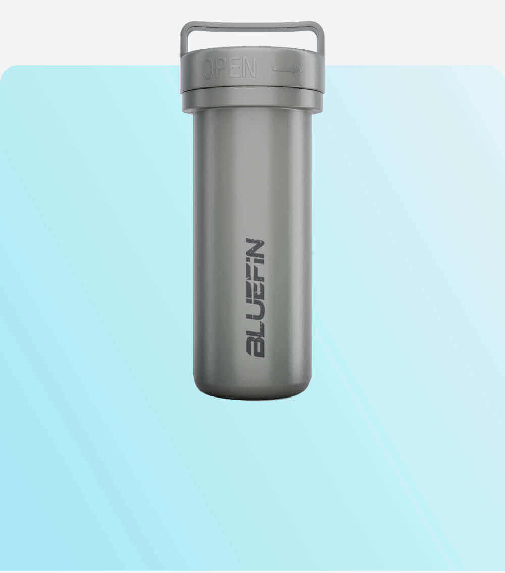 Gray waterproof container with "BLUEFIN" branding, set against a light blue background.