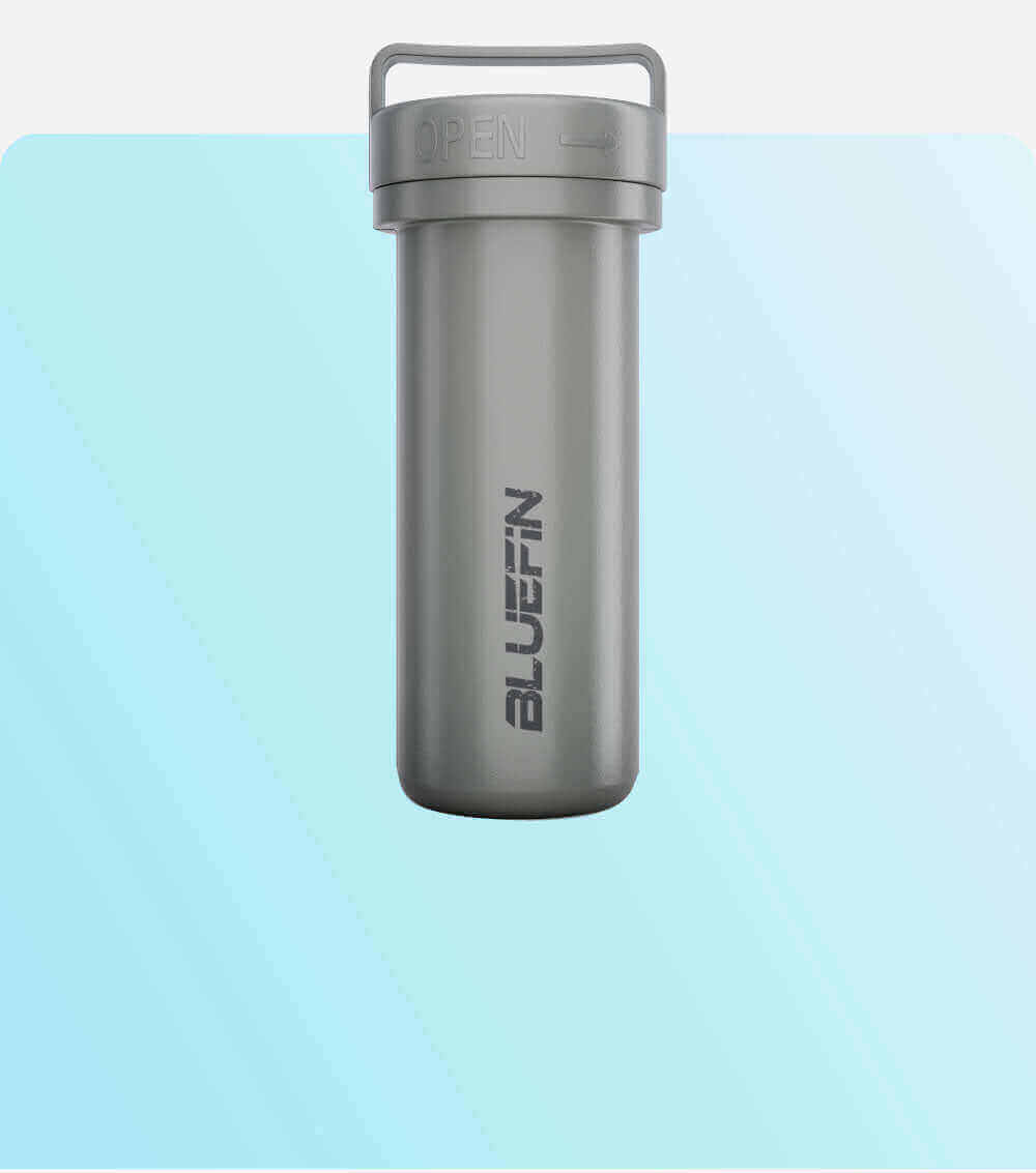 Gray waterproof container with "BLUEFIN" branding, set against a light blue background.
