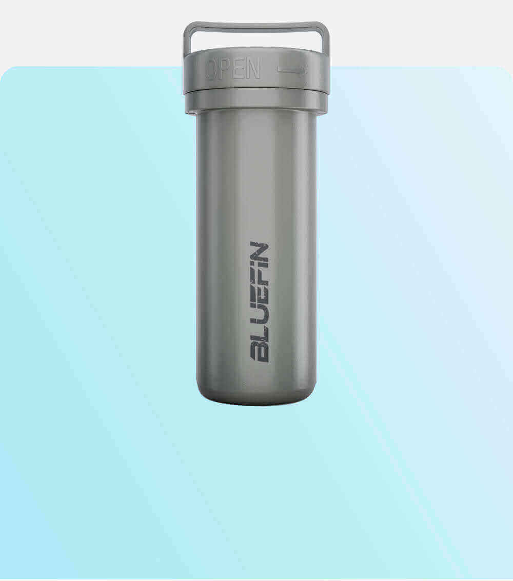 Gray waterproof container with "BLUEFIN" branding, set against a light blue background.