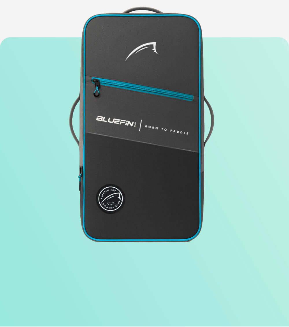 Black paddleboard bag with Bluefin branding on a light blue background