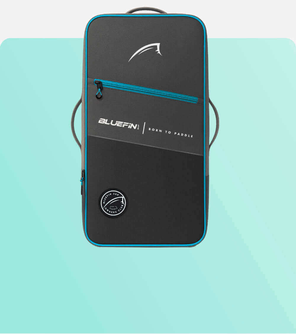 Black paddleboard bag with Bluefin branding on a light blue background