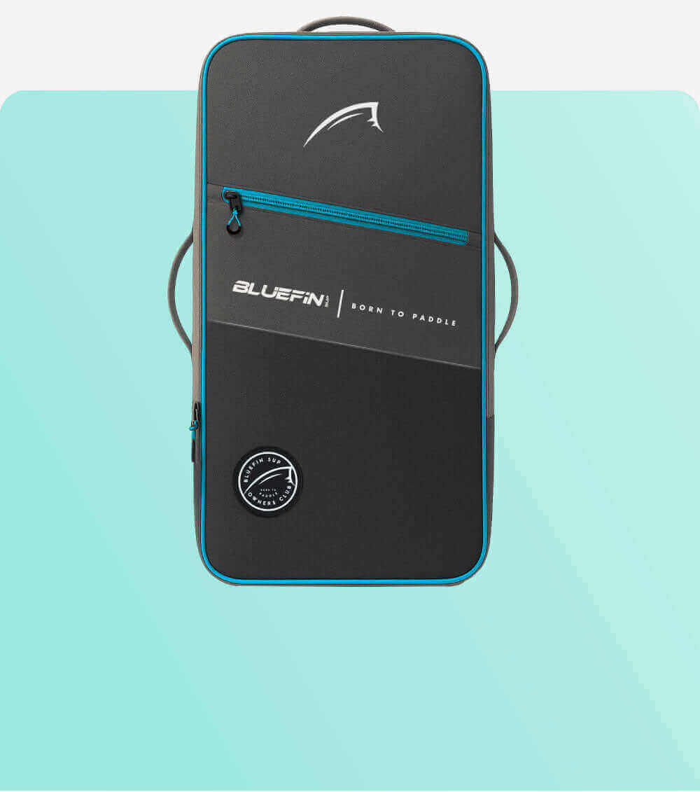 Black paddleboard bag with Bluefin branding on a light blue background
