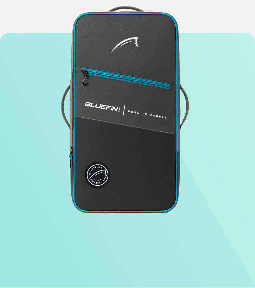 Black paddleboard bag with Bluefin branding on a light blue background