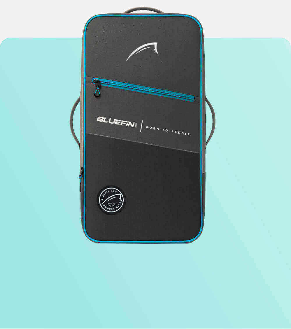 Black paddleboard bag with Bluefin branding on a light blue background