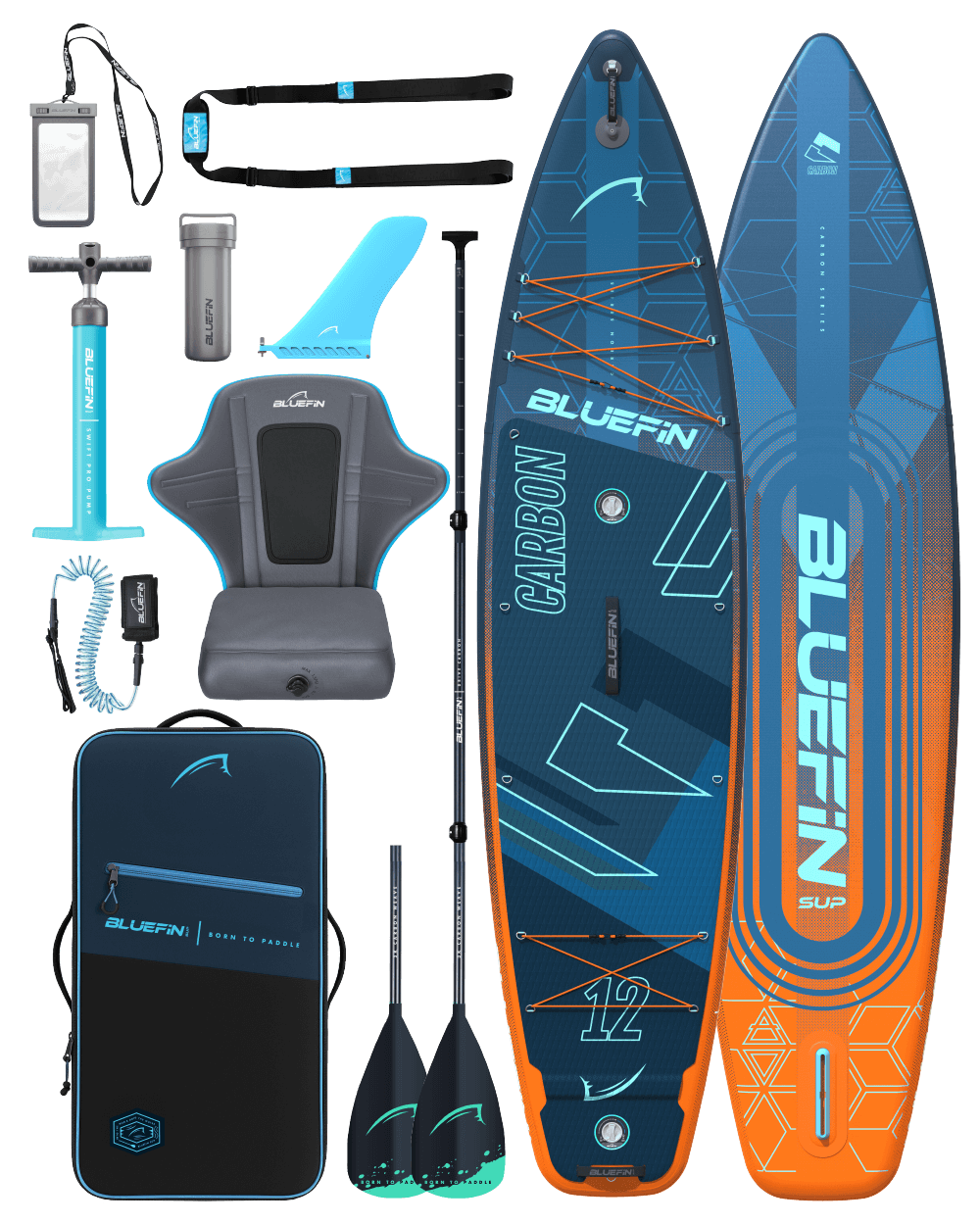 Bluefin Carbon paddle board with accessories including a bag, fin, inflatable kayak seat, carry strap, waterproof phone case, paddle, pump, repair kit and ankle leash