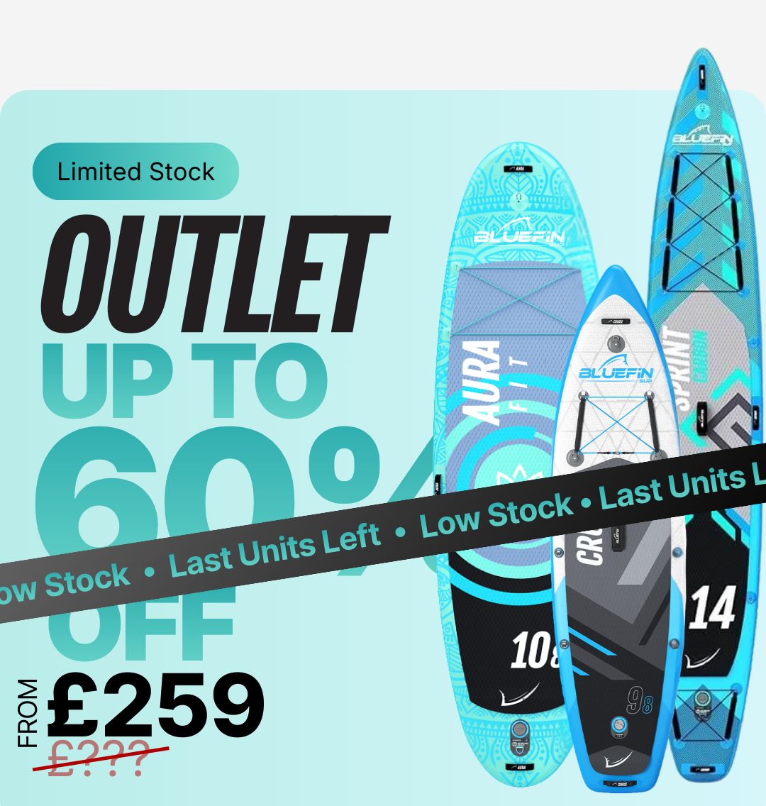 Three inflatable paddleboards with colorful designs, price from £259, sale up to 60% off