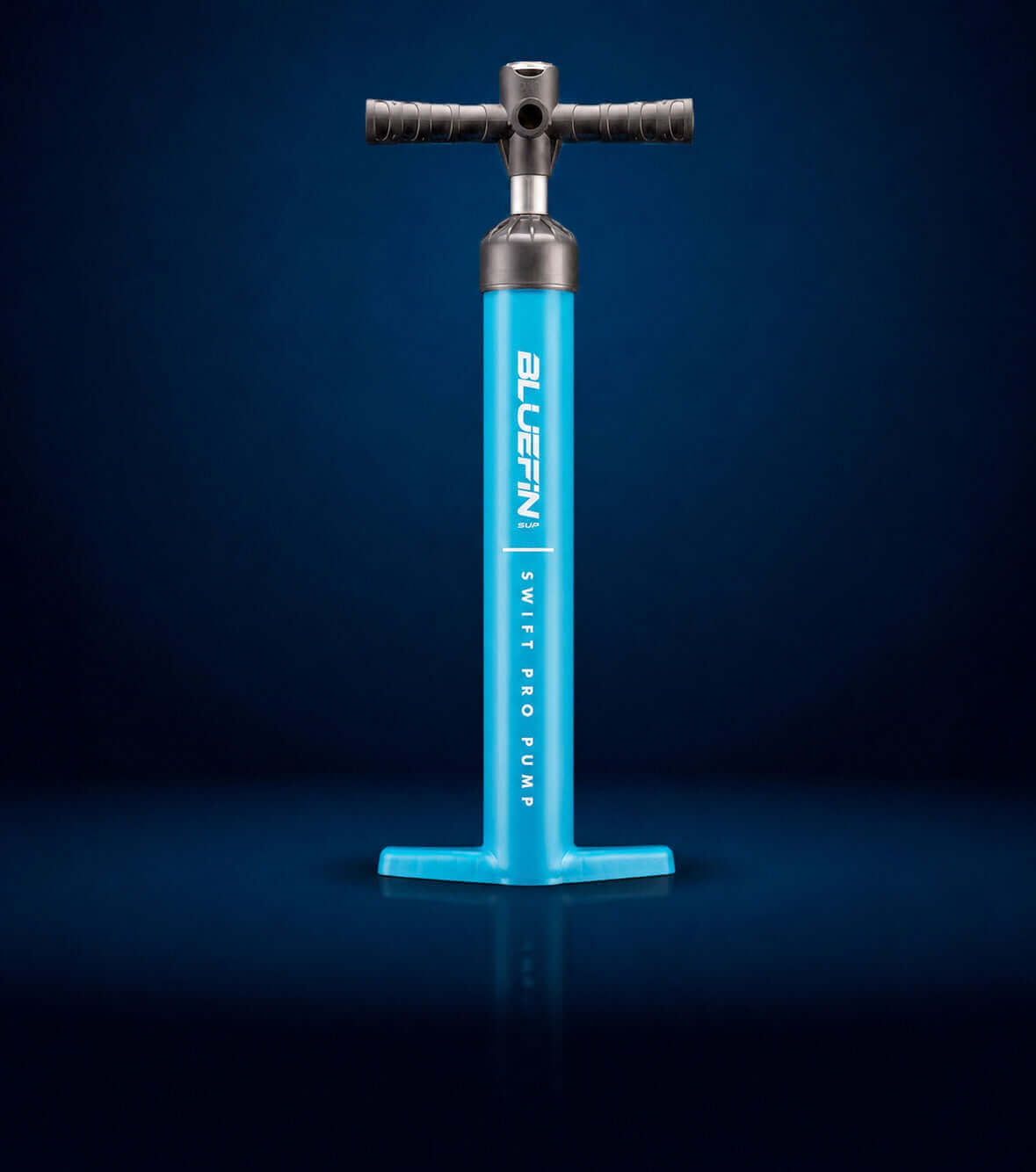 Bluefin Swift Pro Pump in bright blue with a T-shaped handle and sturdy base for inflating paddleboards