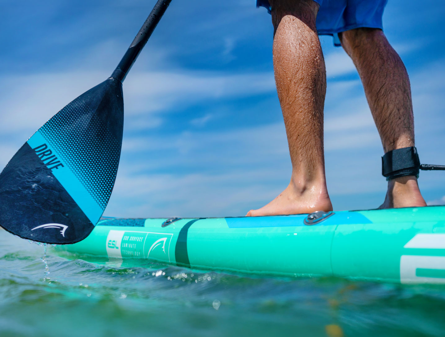 Person paddleboarding on a turquoise SUP, with a black paddle against a blue sky.