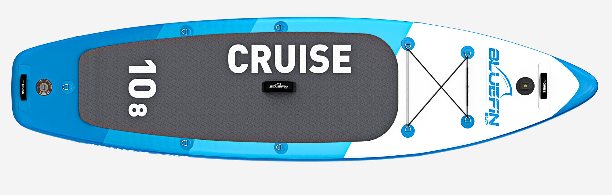 Top view of Bluefin SUP board labeled "CRUISE" and "108," featuring a textured surface for grip.