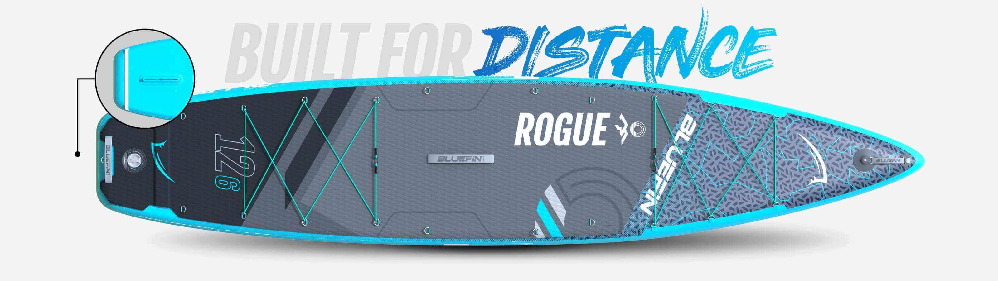 Paddleboard with 'Rogue' logo and text 'Built for Distance' on a light grey background