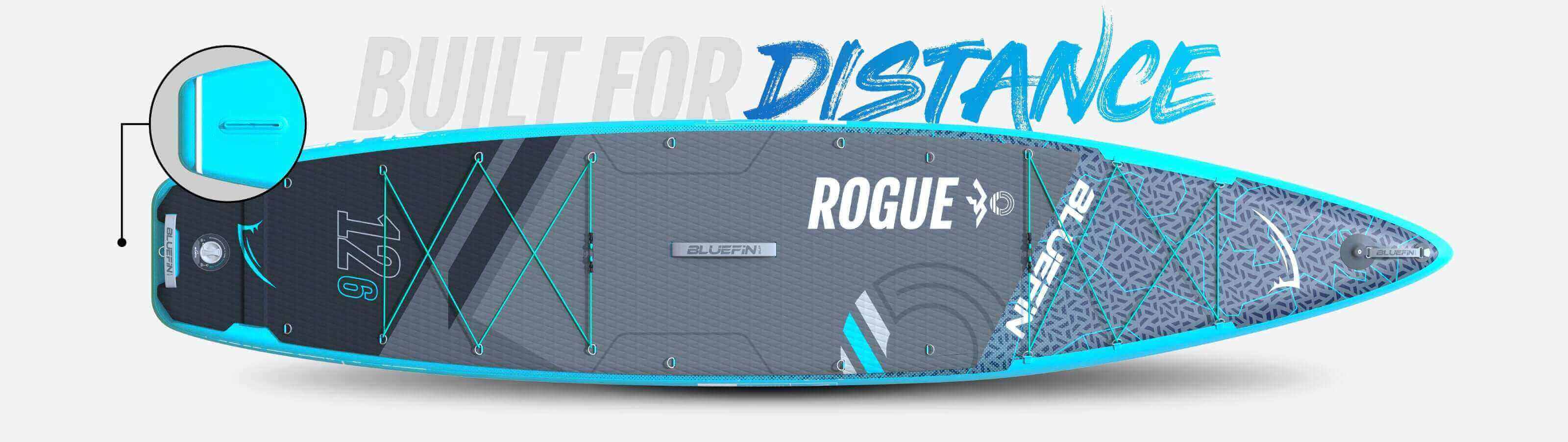 Paddleboard with 'Rogue' logo and text 'Built for Distance' on a light grey background