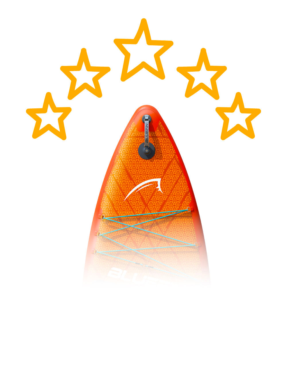 Bright orange paddleboard with a unique design and five stars above, emphasizing quality and performance.