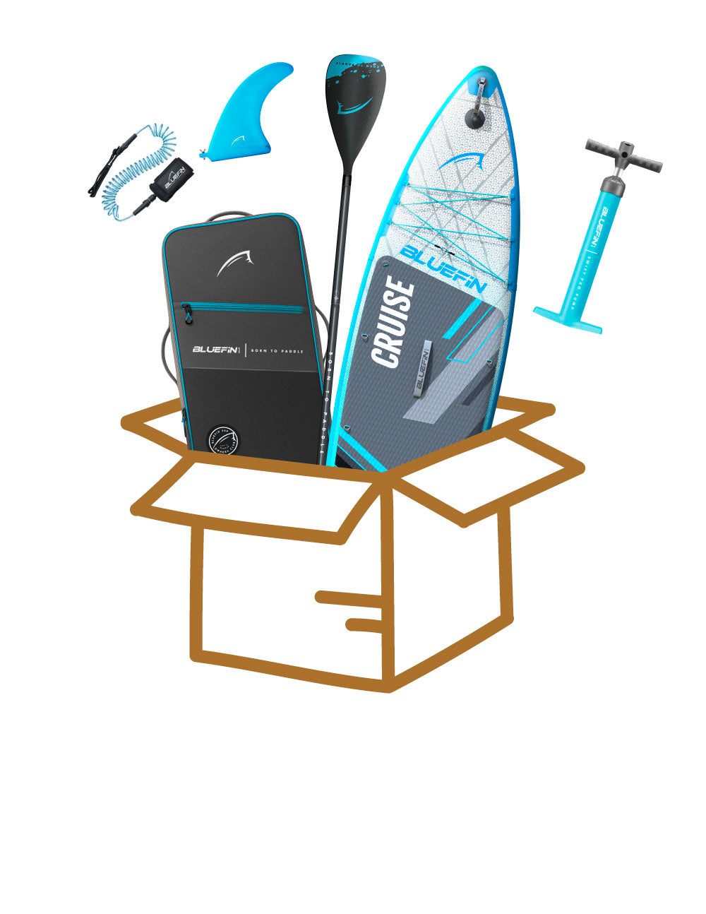 Bluefin SUP package featuring a paddleboard, paddle, pump, fin, and carrying bag in a box.