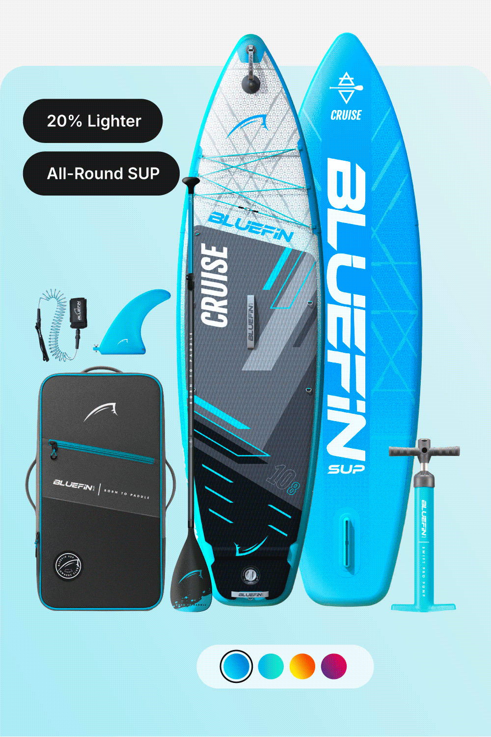 Bluefin SUP Cruise board with accessories, highlighting 20% lighter design and all-round use.