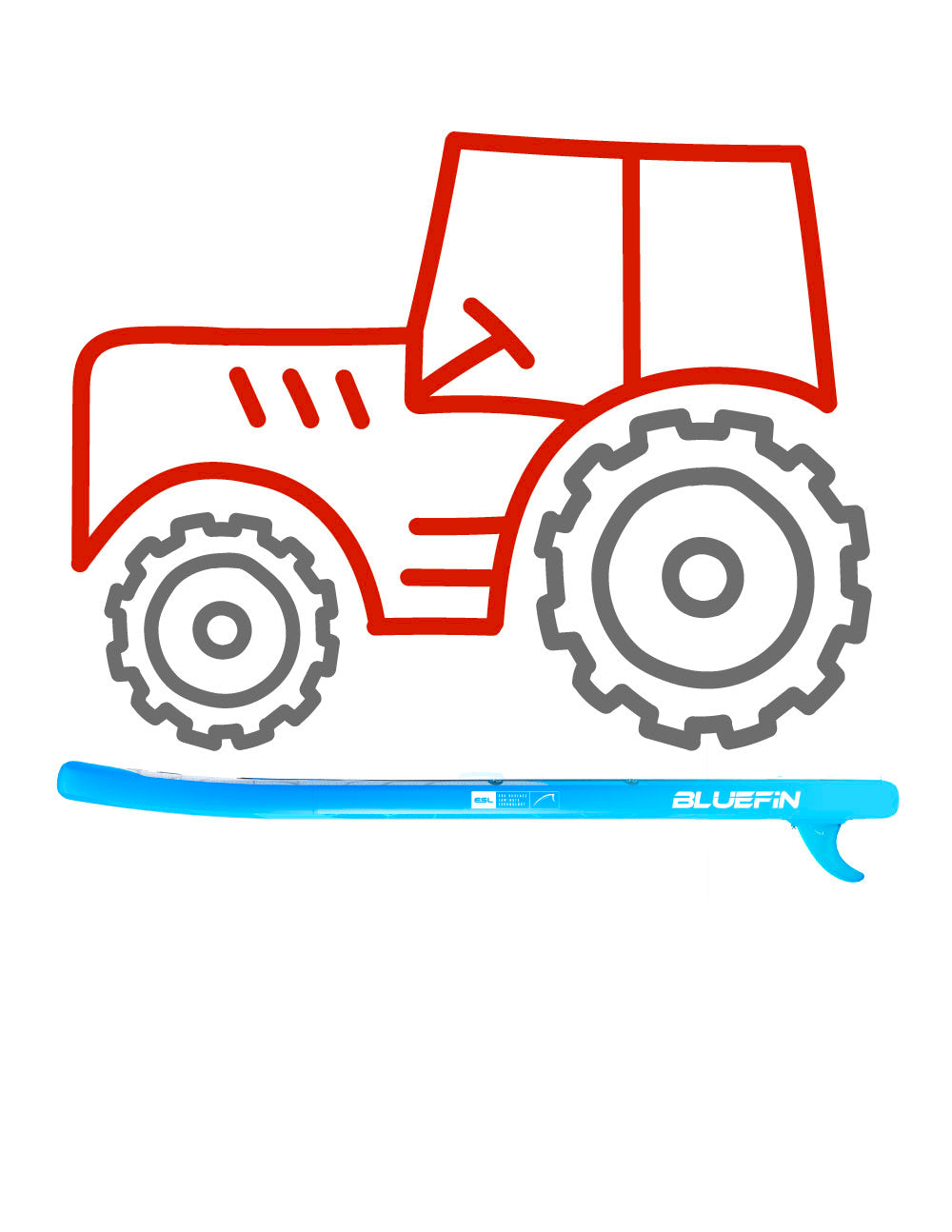 Graphic of a blue kayak paddle alongside a red outline of a tractor.