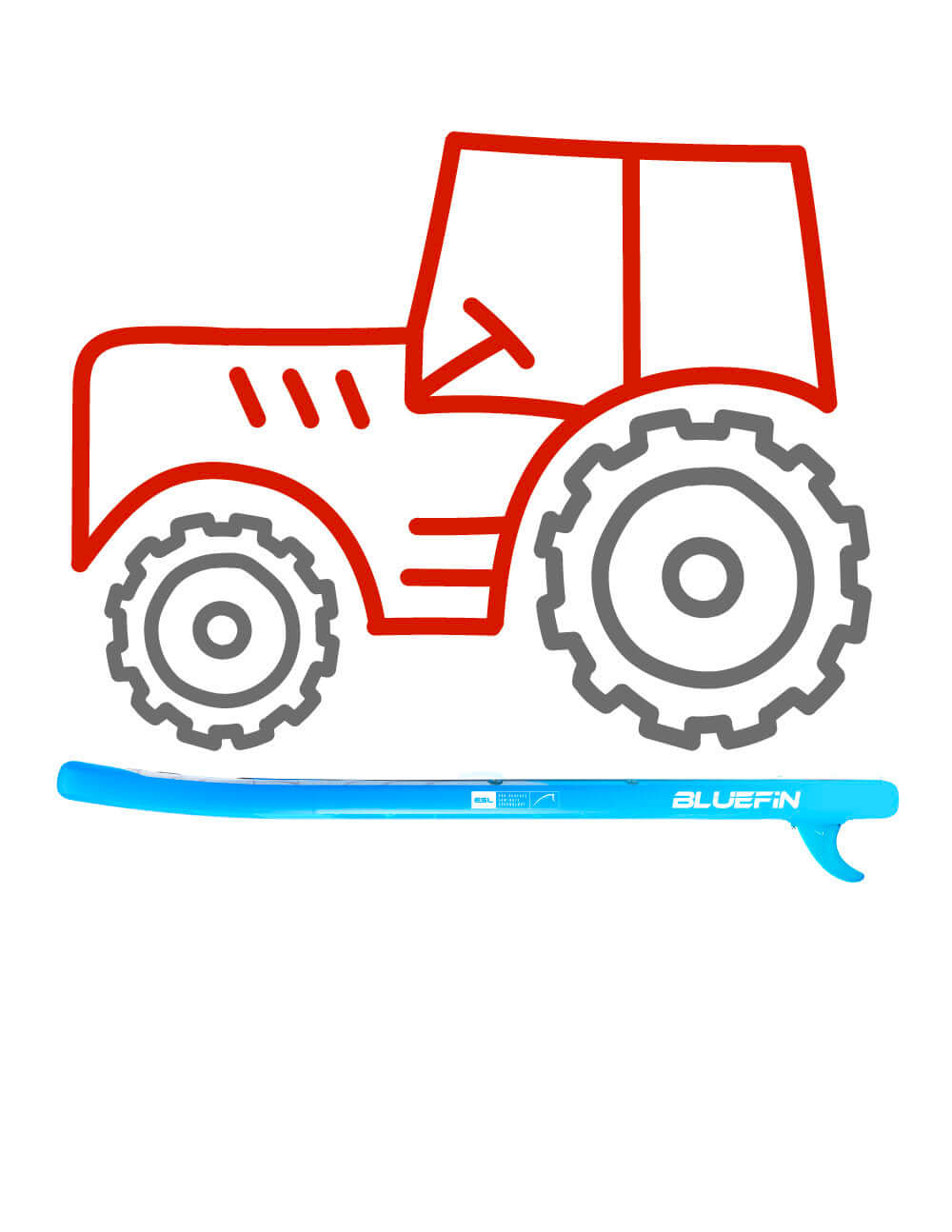 Graphic of a blue kayak paddle alongside a red outline of a tractor.