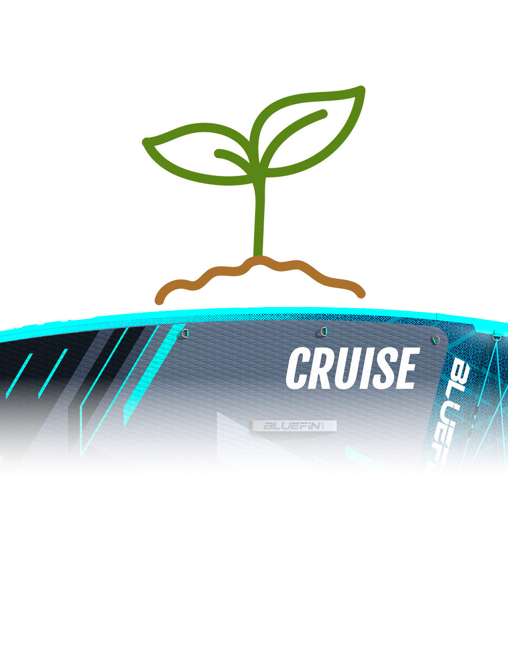 Bluefin SUP board design featuring the word "CRUISE" and a plant graphic, symbolizing eco-friendliness.